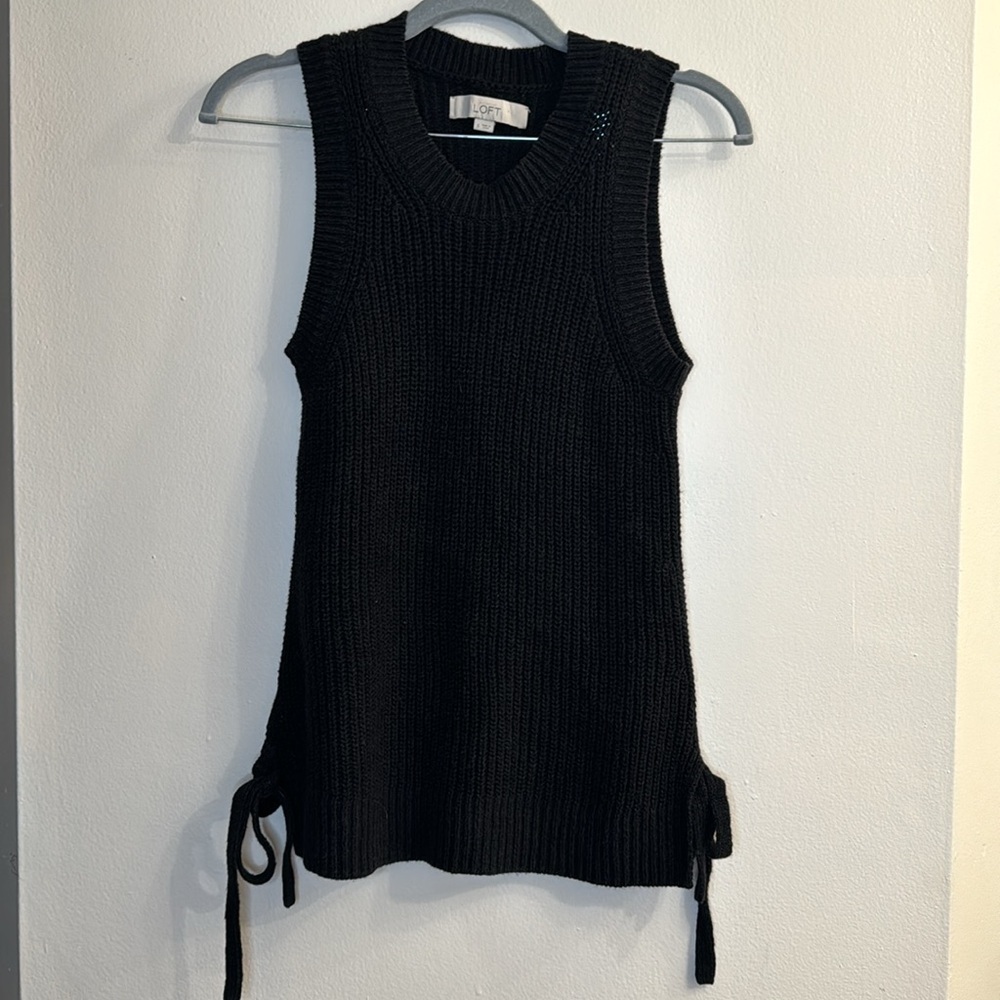 Ann Taylor Loft Black Sleeveless Side Tie Linen Blend Knit Sweater Size Small